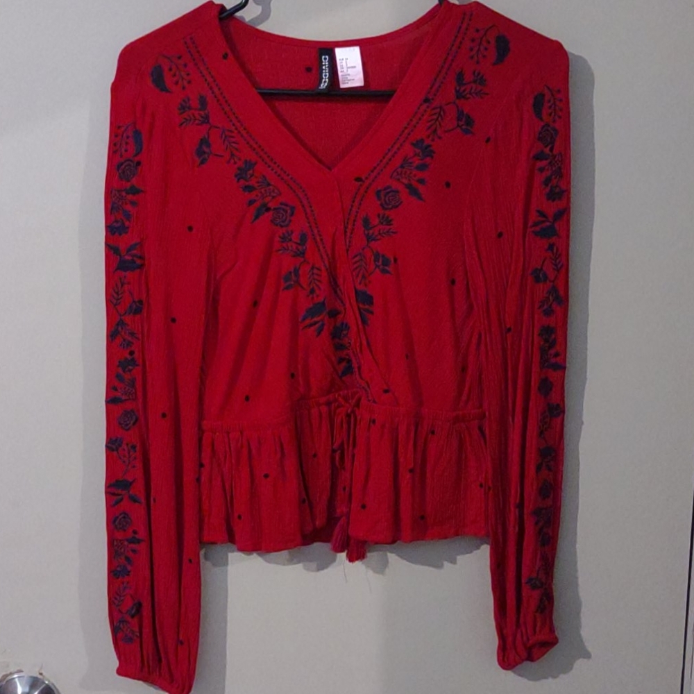 Red with black polka dots and floral design